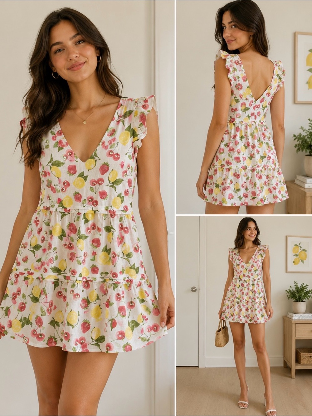 Isaac Mizrahi White Mini Dress with Pink & Yellow Fruit Print